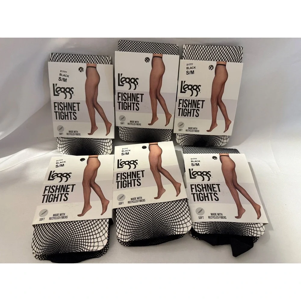 Lot of 6 L'eggs Fishnet Tights Black S/M Soft Recycled Fibers NWT Hosiery